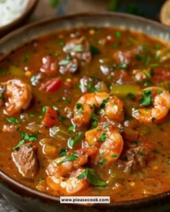 Bowl of authentic Cajun gumbo with shrimp, sausage, and vegetables