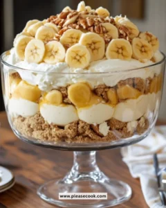 Layers of Banana Cream Dessert Trifle in a glass dish