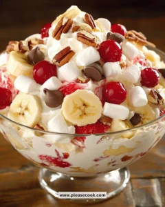Delicious Banana Split Fluff Salad served in a bowl with toppings