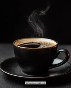 Cup of black coffee with steam rising, highlighting its rich flavor and aroma.