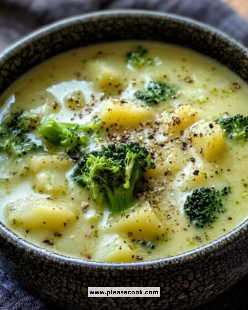 Bowl of creamy broccoli potato soup with fresh herbs on top