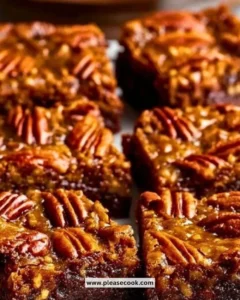 Buttery pecan pie brownies topped with pecans and caramel drizzle