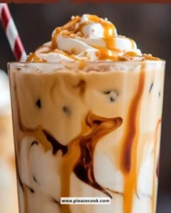 Delicious Caramel Toffee Iced Coffee in a clear glass with whipped cream