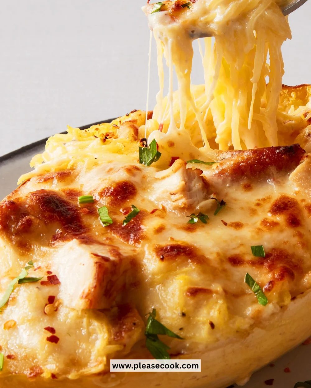 Delicious Chicken Alfredo Spaghetti Squash topped with creamy sauce and chicken
