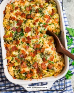 Delicious Chicken Bacon Ranch Casserole topped with cheese and crispy bacon