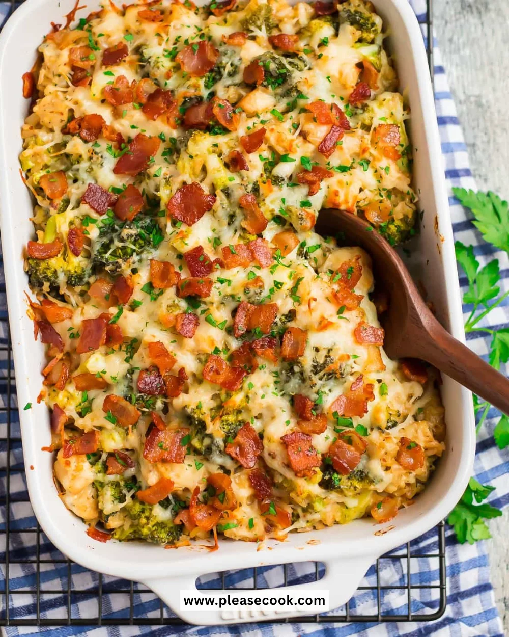 Delicious Chicken Bacon Ranch Casserole topped with cheese and crispy bacon