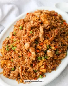Delicious plate of Chicken Fried Rice garnished with vegetables and chicken pieces.