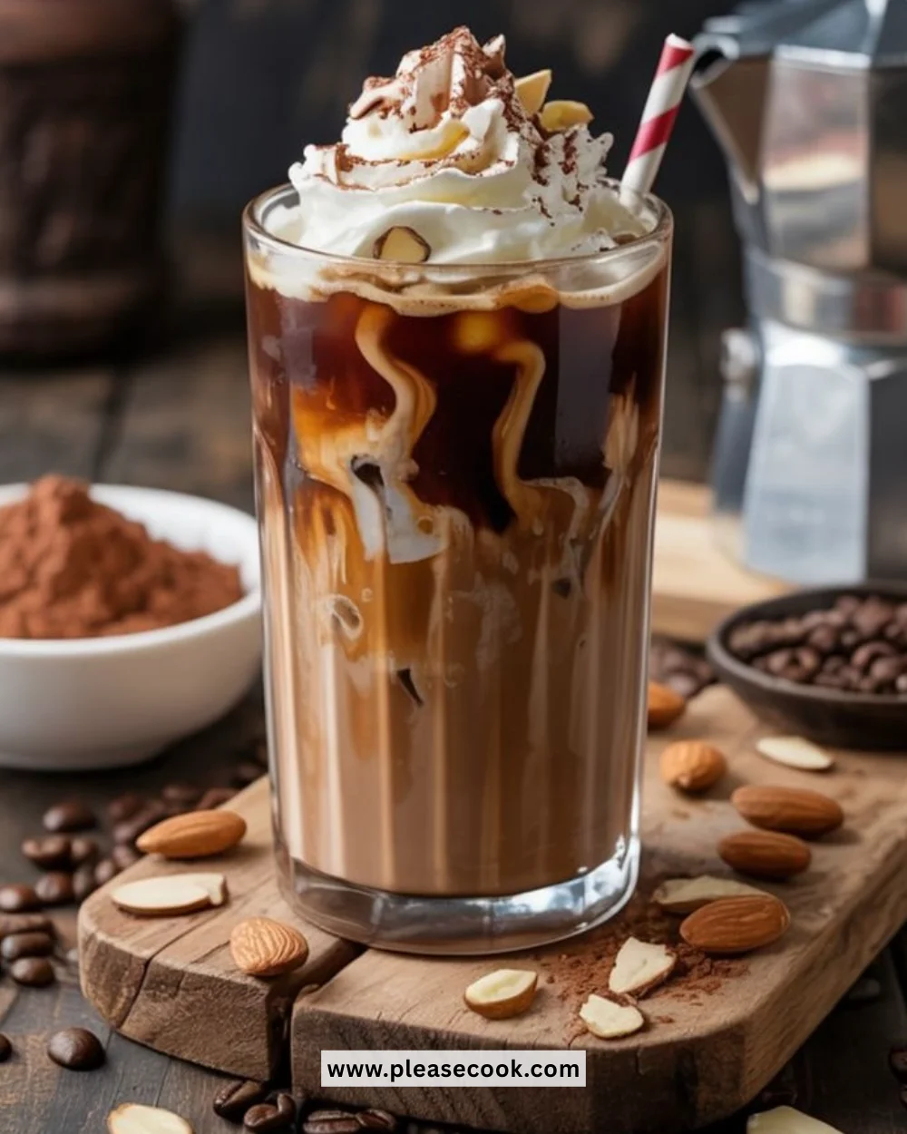 Choco Almond Instant Coffee Iced Coffee recipe with ingredients and preparation steps.