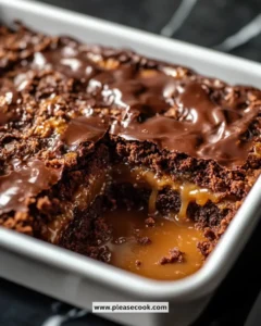 Delicious Chocolate Caramel Dump Cake topped with melted chocolate and caramel
