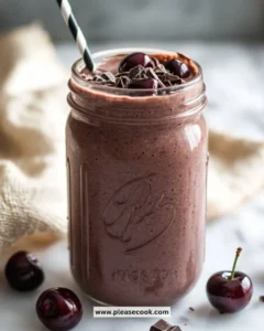 Creamy Chocolate Cherry Smoothie topped with fresh cherries and chocolate shavings.