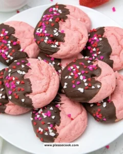 Chocolate Covered Strawberry Cookies on a plate, decorated with melted chocolate and fresh strawberries.