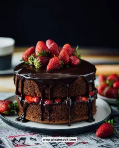 Delicious chocolate strawberry cake garnished with fresh strawberries