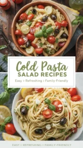 Delicious cold pasta salad with colorful vegetables served in a bowl