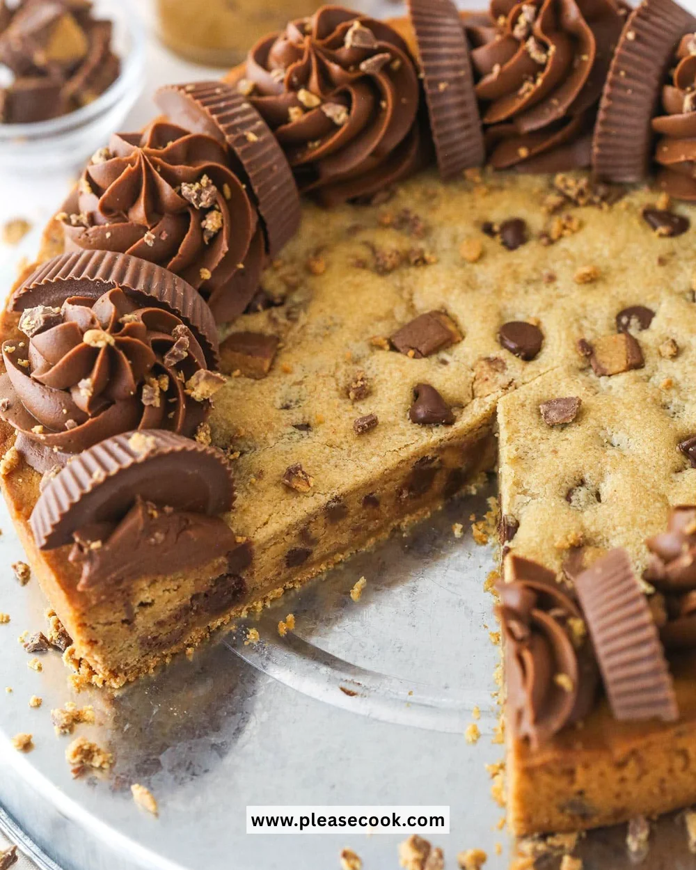 Deliciously baked cookie cake topped with colorful sprinkles and chocolate chips