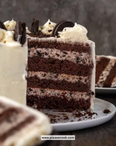 Decadent Cookies and Cream Cake with chocolate layers and creamy frosting.