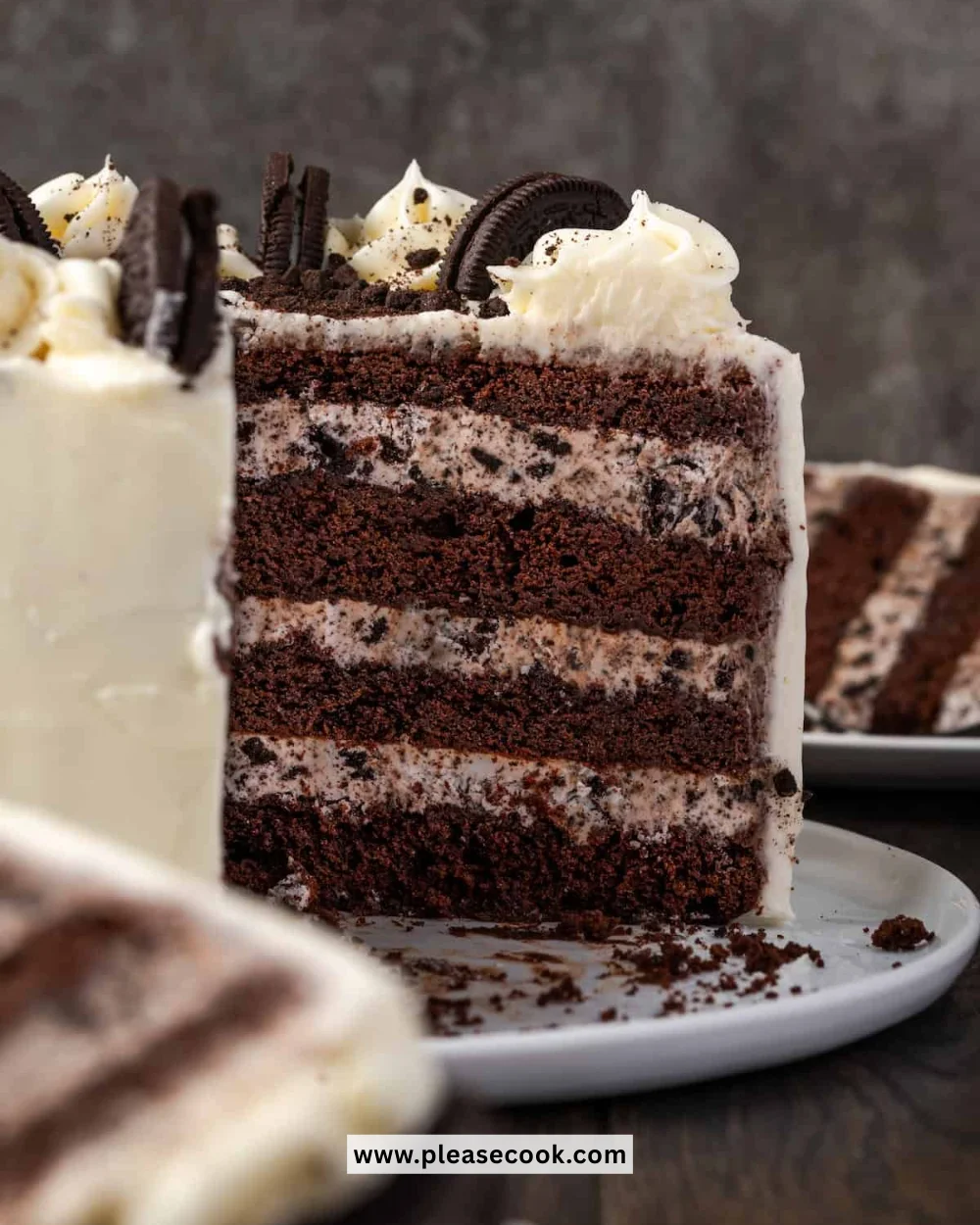 Decadent Cookies and Cream Cake with chocolate layers and creamy frosting.