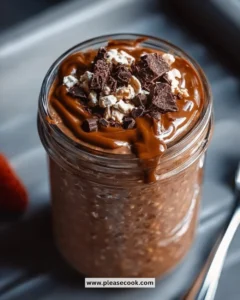 Bowl of creamy brownie batter overnight oats topped with chocolate and nuts.