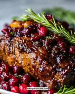 Cranberry Balsamic Ribeye Roast garnished with herbs and served on a platter