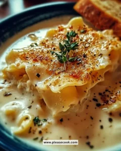 Creamy Alfredo Lasagna Soup in a bowl with cheese and herbs