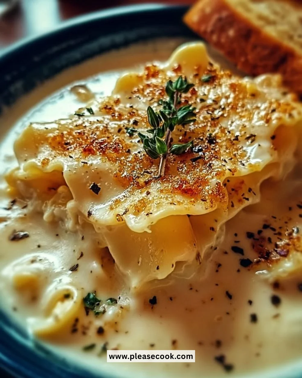 Creamy Alfredo Lasagna Soup in a bowl with cheese and herbs