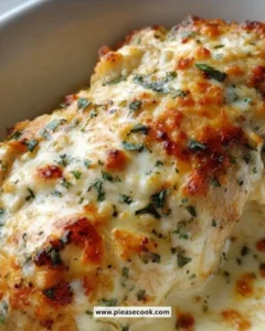 Creamy Garlic Chicken Bake served with herbs and vegetables