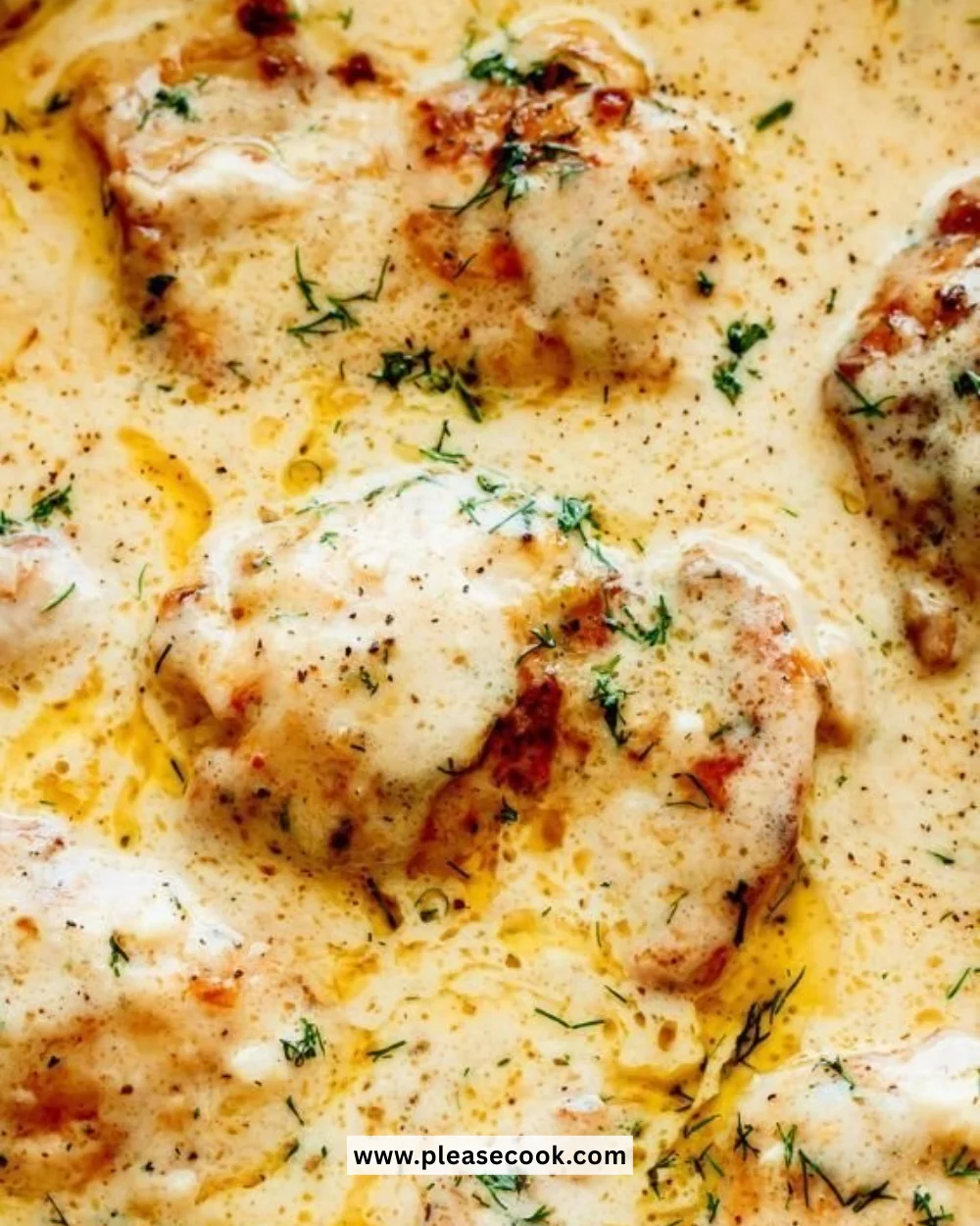 Creamy oven baked chicken thighs ready to serve with herbs and seasoning