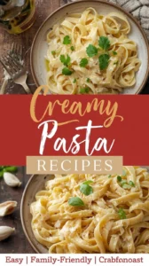 Delicious creamy pasta served in a bowl topped with fresh herbs.