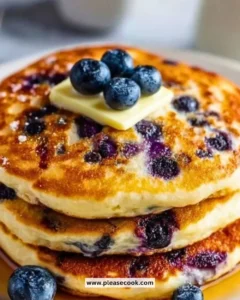 Plate of easy blueberry pancakes topped with fresh blueberries and syrup