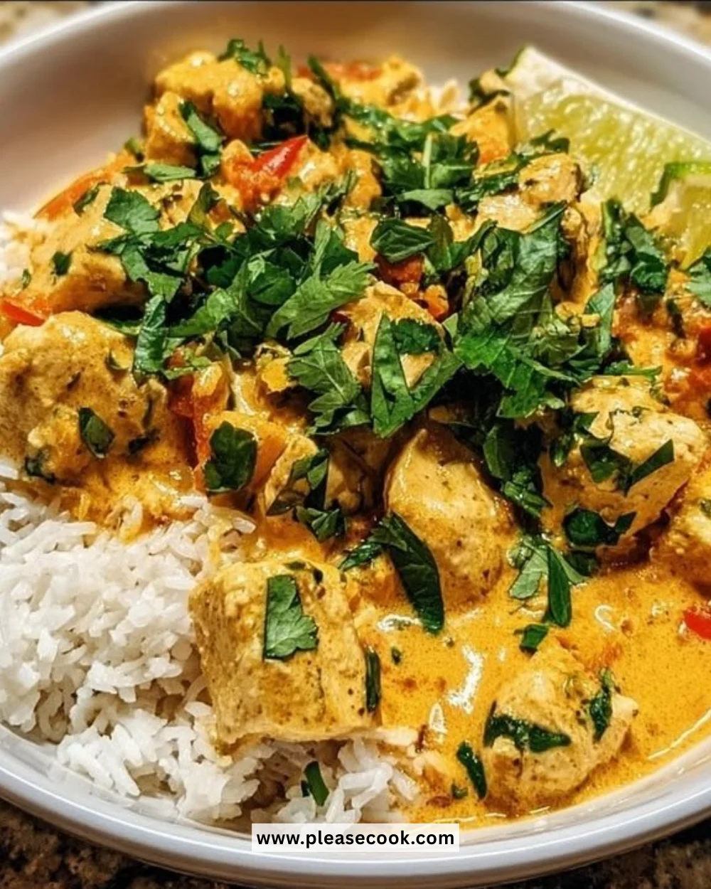 Delicious Coconut Chicken Rice Bowl topped with fresh herbs and vegetables