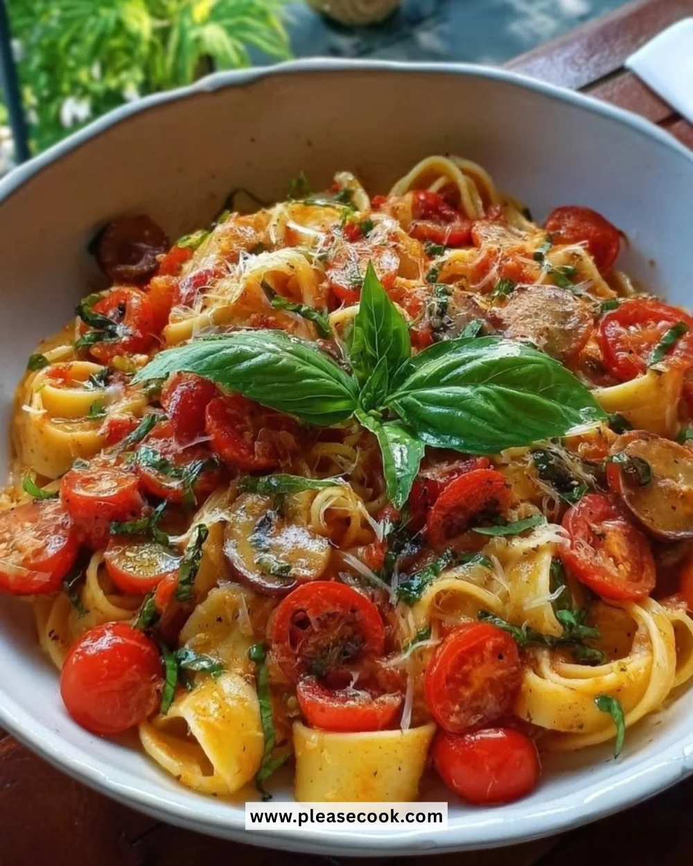 Bowl of easy summer garden pasta with colorful vegetables and herbs