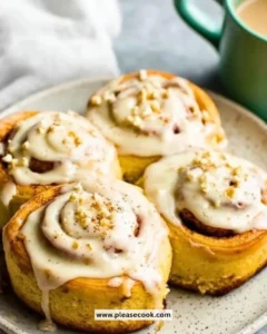 Delicious Eggnog Cinnamon Rolls topped with creamy eggnog icing