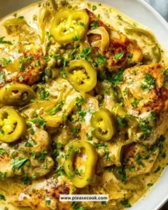 Creamy pepperoncini chicken skillet served in a frying pan with fresh herbs