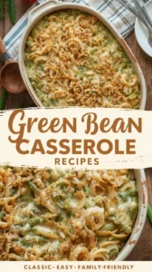 Delicious green bean casserole topped with crispy onions served in a baking dish