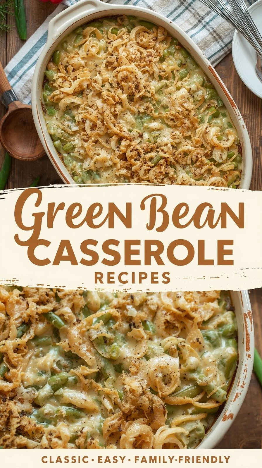 Delicious green bean casserole topped with crispy onions served in a baking dish