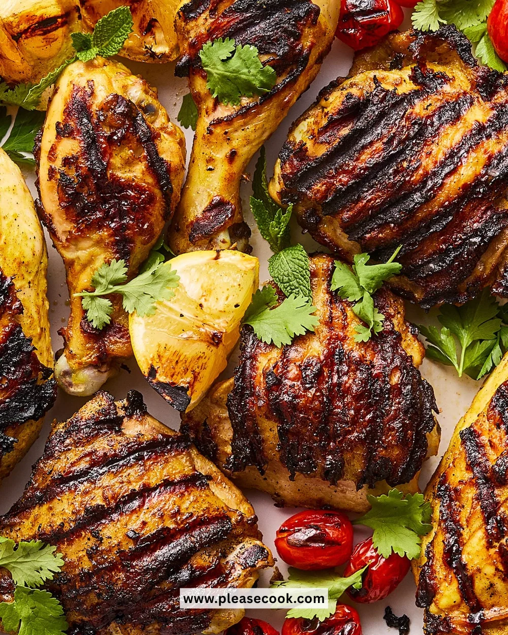Grilled Persian Chicken served on a platter with sides and garnishes.