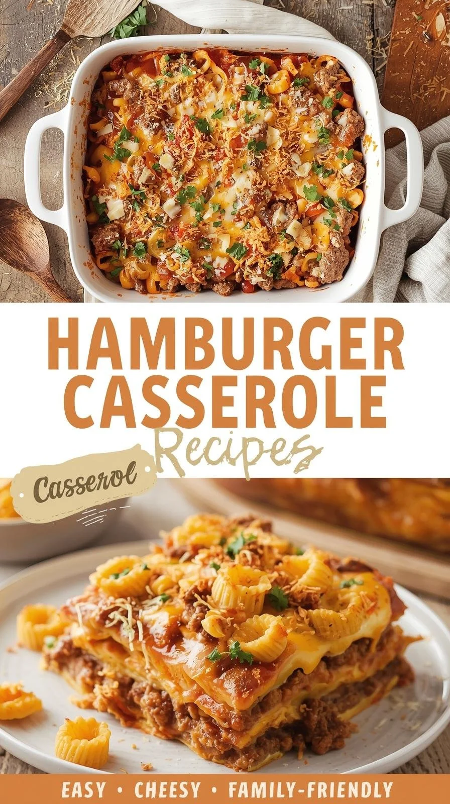Delicious Hamburger Casserole topped with melted cheese and fresh herbs