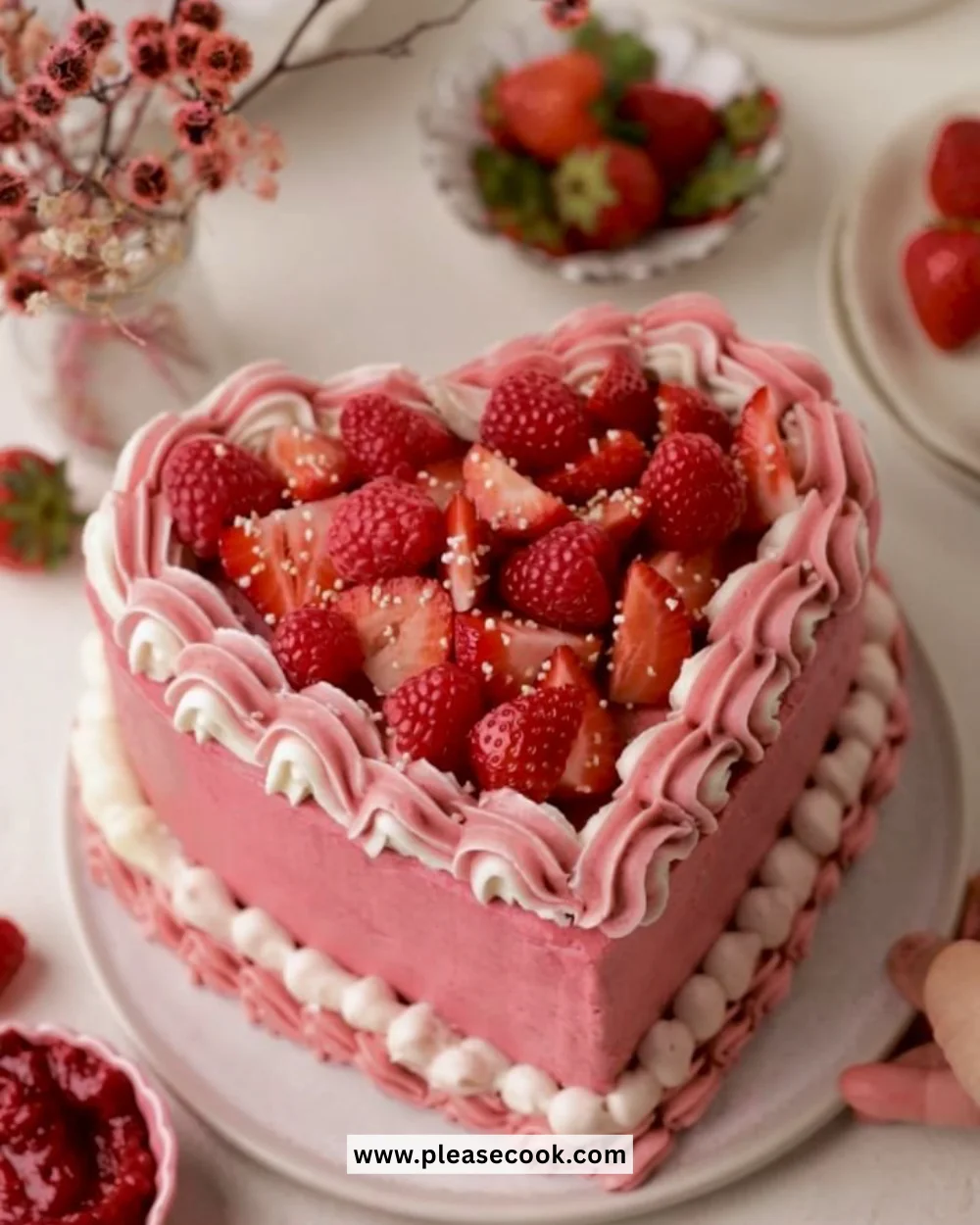 Vegan heart shaped cake decorated with fresh berries for a special occasion