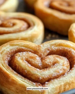 Heart shaped cinnamon rolls freshly baked and decorated with icing.