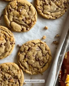 Heath Bar Toffee Cookies with chocolate chunks and toffee bits on a white plate