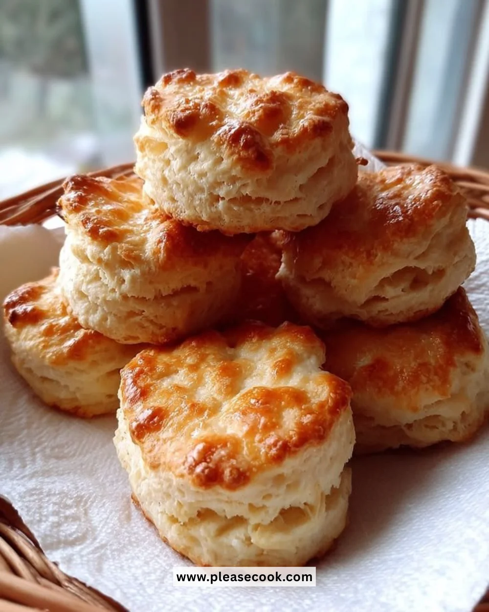Fluffy homemade biscuits fresh out of the oven on a wooden table