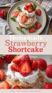 Delicious homemade strawberry shortcake with fresh strawberries and whipped cream.