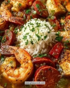 Delicious Instant Pot Louisiana Gumbo featuring chicken and shrimp in a bowl.