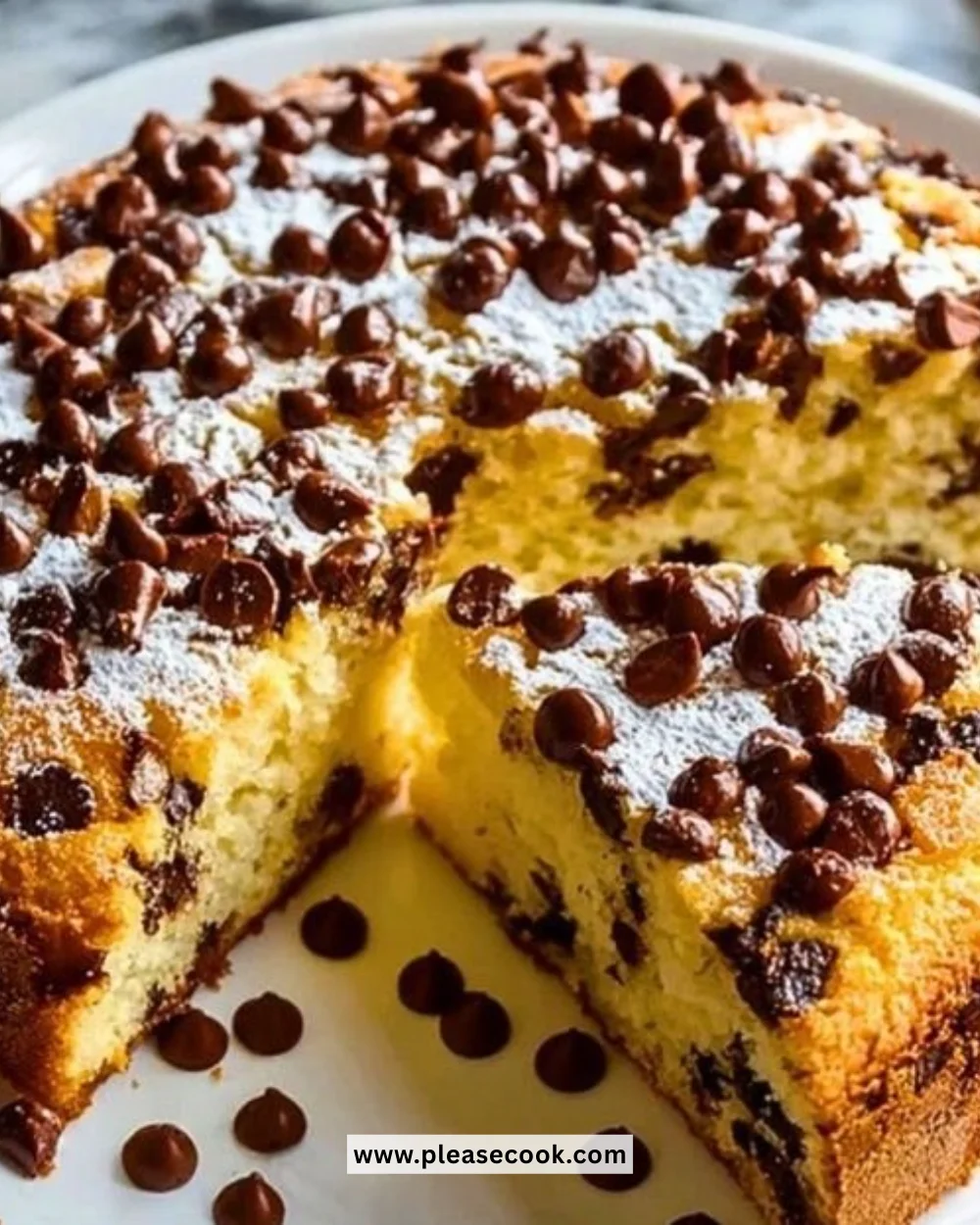 Slice of Italian chocolate chip ricotta cake with chocolate chips and ricotta cheese