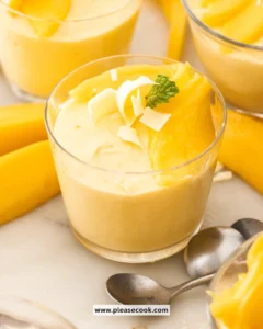 Delicious mango mousse dessert in a glass with fresh mango slices on top