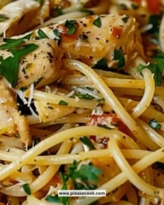 Delicious Monterey Chicken Spaghetti served with fresh ingredients and herbs.