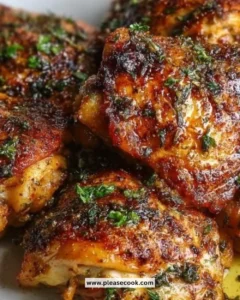 Oven baked chicken thighs with crispy skin and herbs on a plate