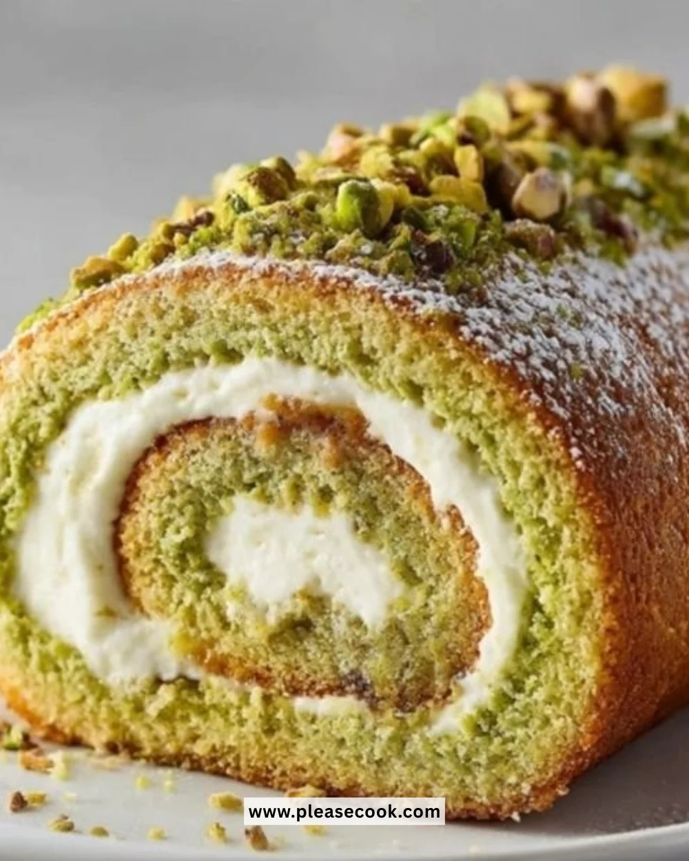 Delicious Pistachio Roll Cake with creamy filling and a light sponge
