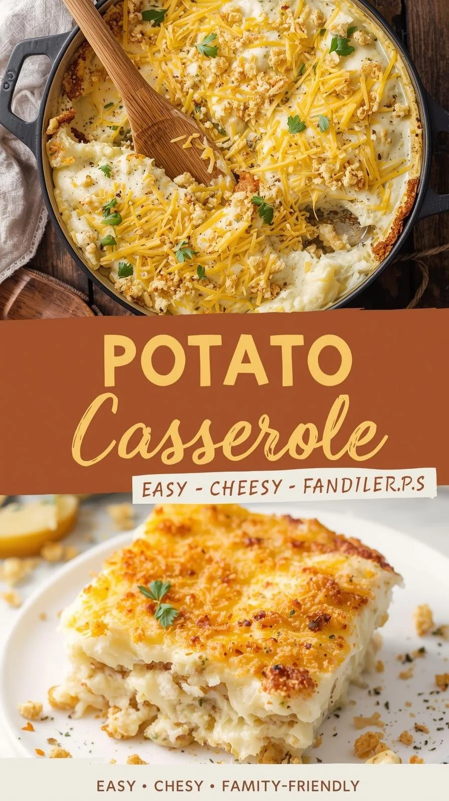 Delicious potato casserole topped with cheese, perfect for comforting family meals.