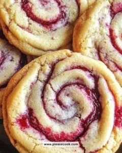 A plate of freshly baked Raspberry Swirl Cookies with vibrant raspberry swirls