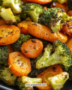 Bowl of roasted broccoli and carrots garnished with herbs